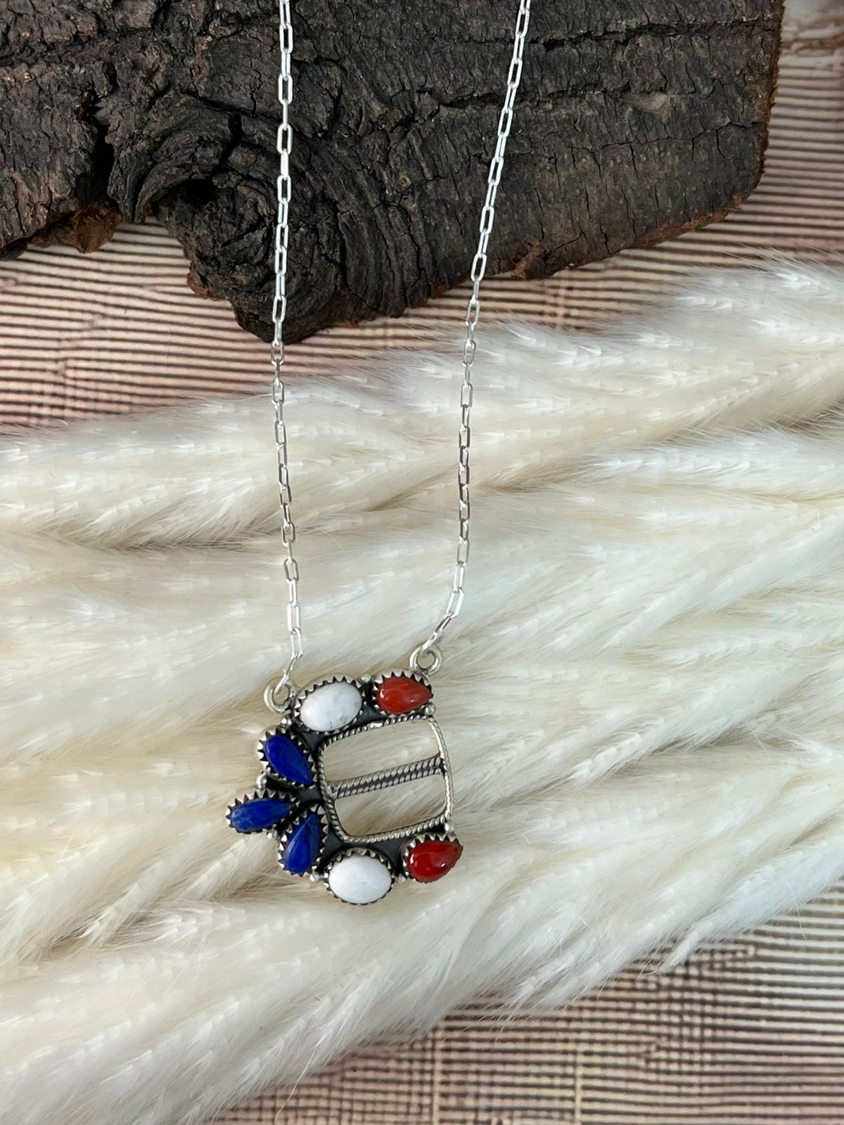 Handmade Sterling Silver 4th Of July Collection: Coral with Lapis and White Buffalo Belt Buckle Necklace "Signed Nizhoni"