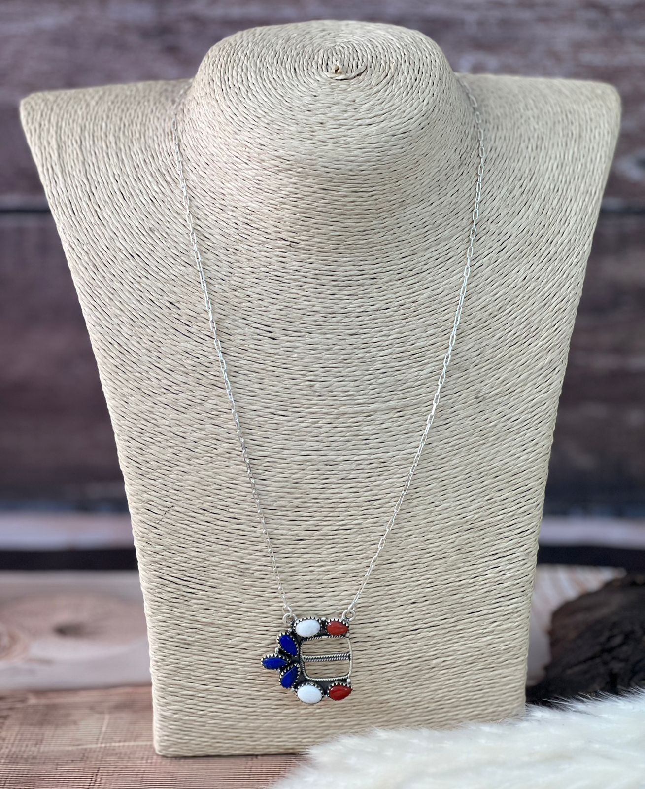 Handmade Sterling Silver 4th Of July Collection: Coral with Lapis and White Buffalo Belt Buckle Necklace "Signed Nizhoni"