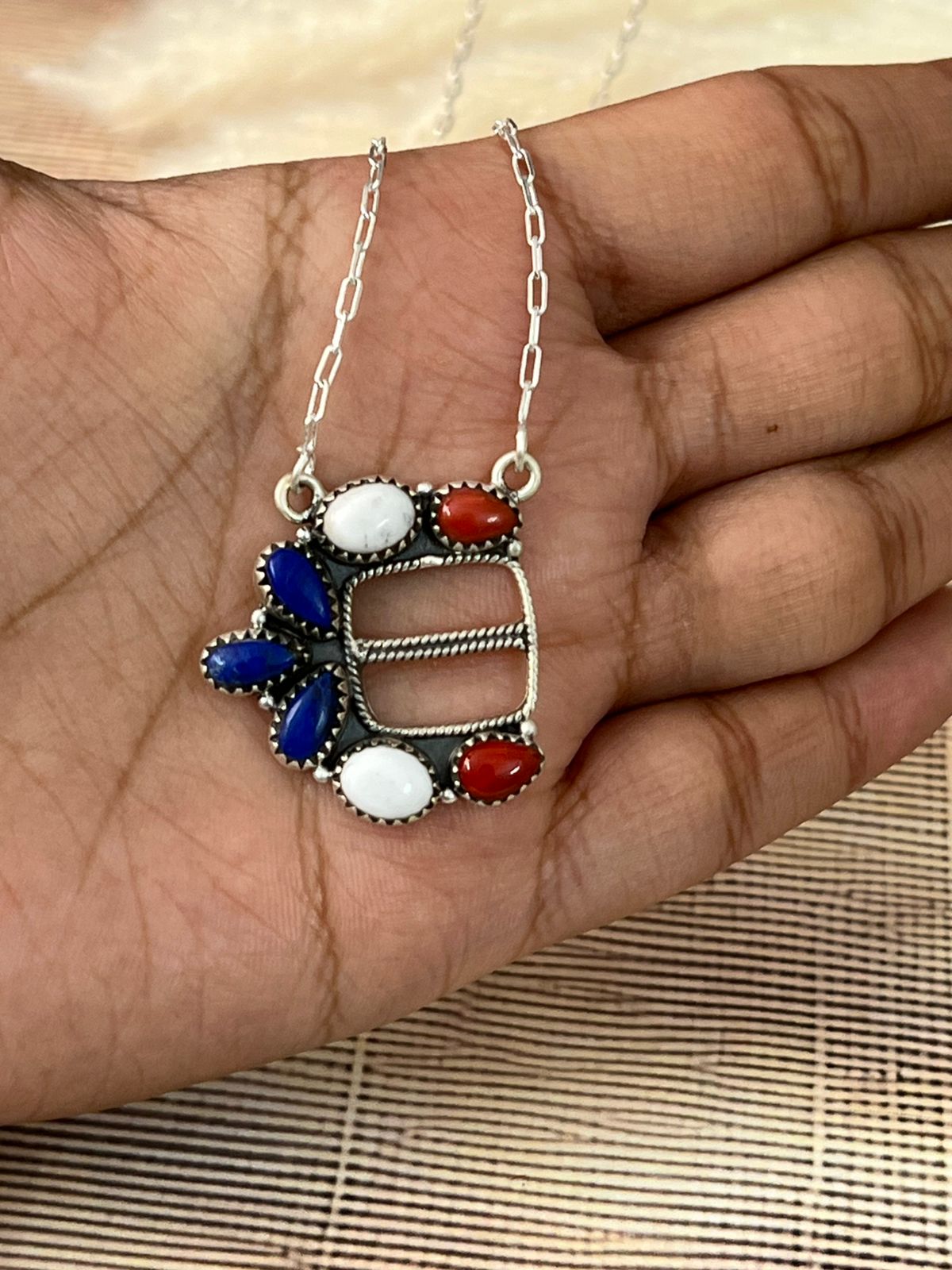 Handmade Sterling Silver 4th Of July Collection: Coral with Lapis and White Buffalo Belt Buckle Necklace "Signed Nizhoni"