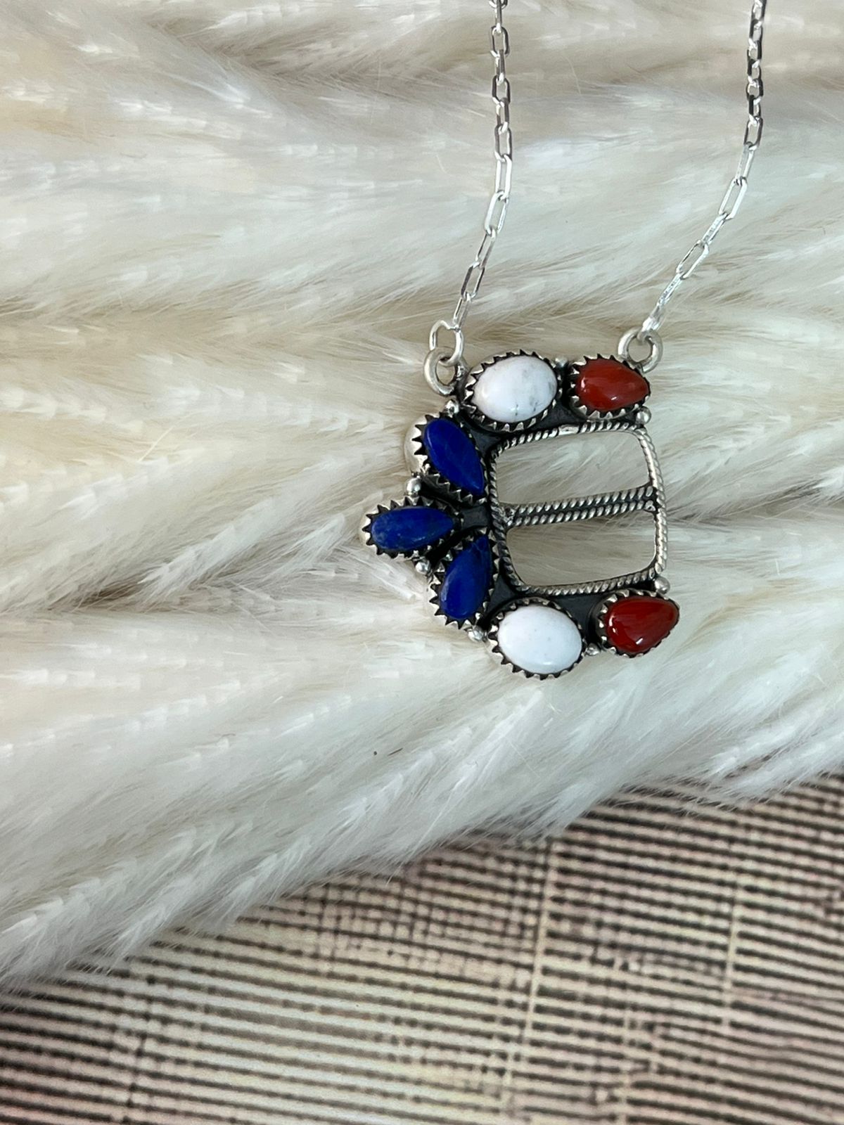 Handmade Sterling Silver 4th Of July Collection: Coral with Lapis and White Buffalo Belt Buckle Necklace "Signed Nizhoni"