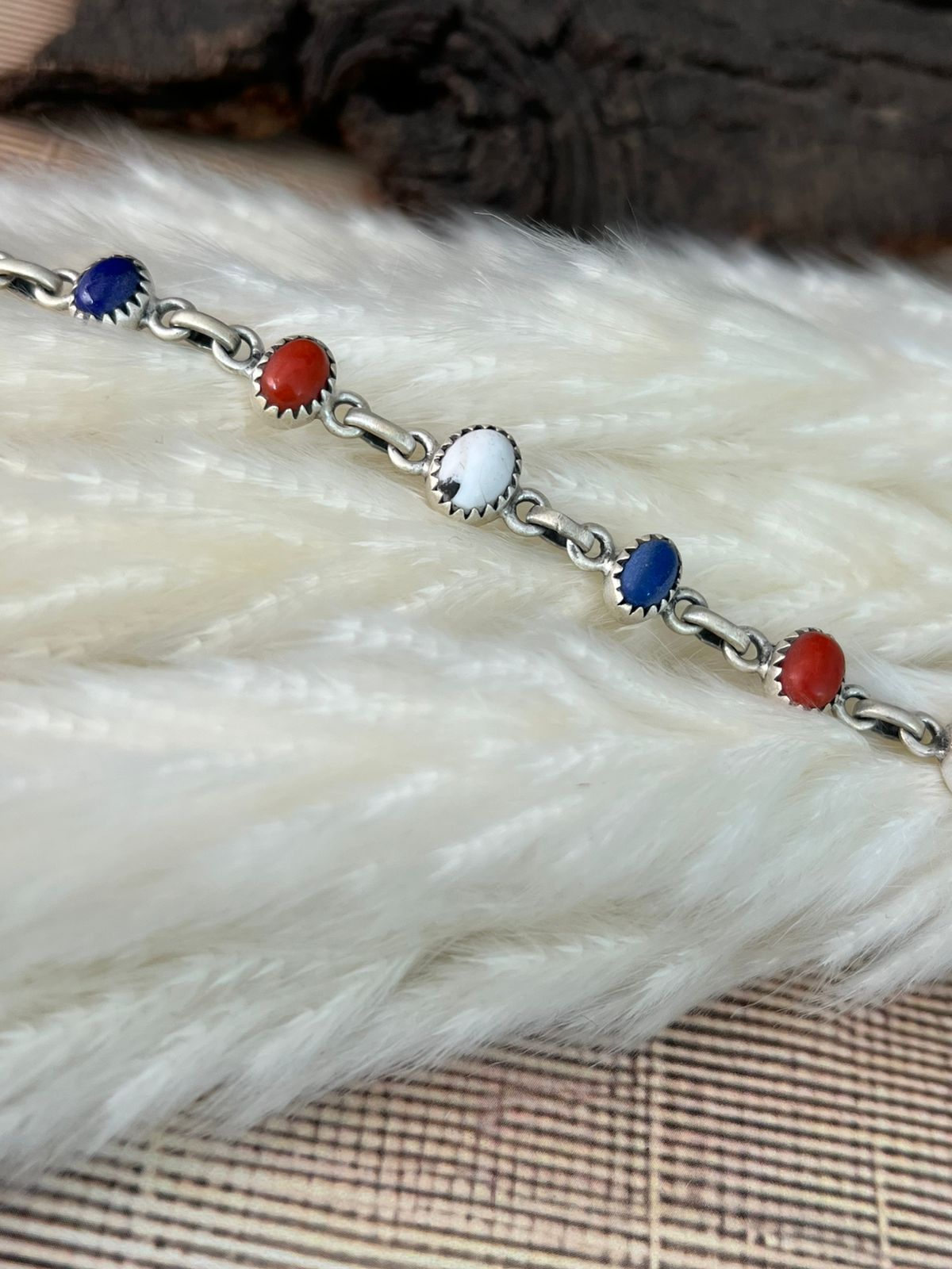 Handmade Sterling Silver 4th Of July Collection: Coral with Lapis and White Buffalo Bracelet "Signed Nizhoni"