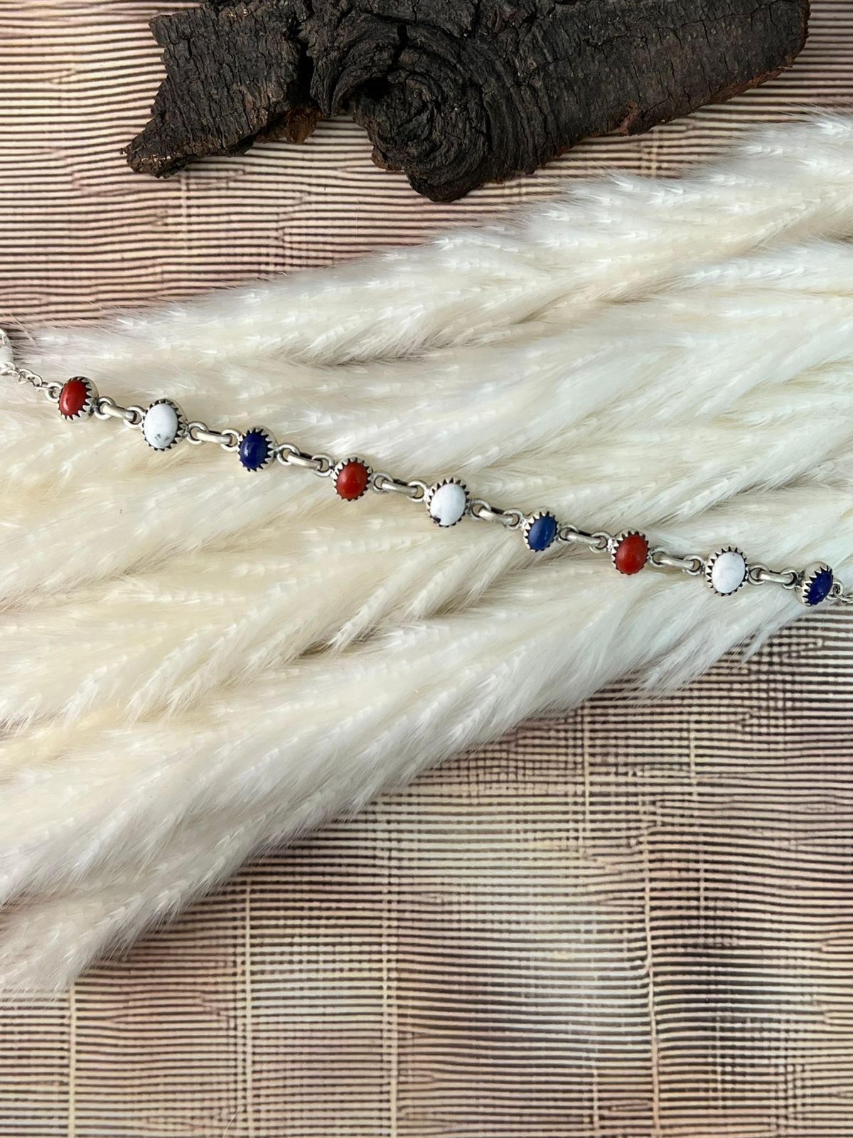 Handmade Sterling Silver 4th Of July Collection: Coral with Lapis and White Buffalo Bracelet "Signed Nizhoni"