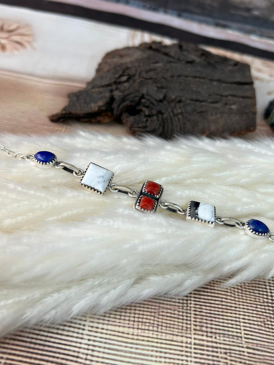 Handmade Sterling Silver 4th Of July Collection: Coral with Lapis and White Buffalo Bracelet "Signed Nizhoni"