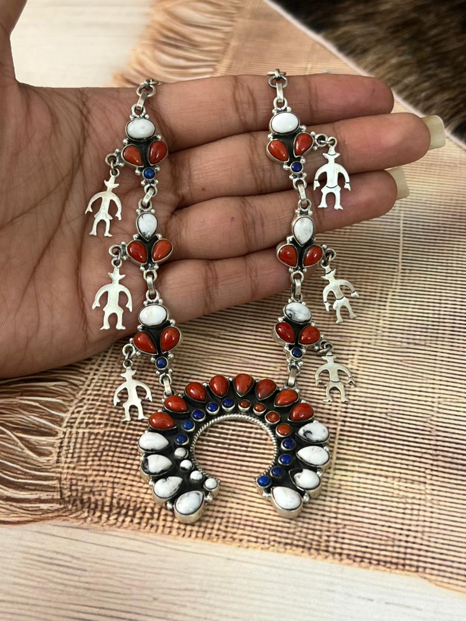 Handmade Sterling Silver 4th Of July Collection: Coral with Lapis and White Buffalo Naja Necklace "Signed Nizhoni"