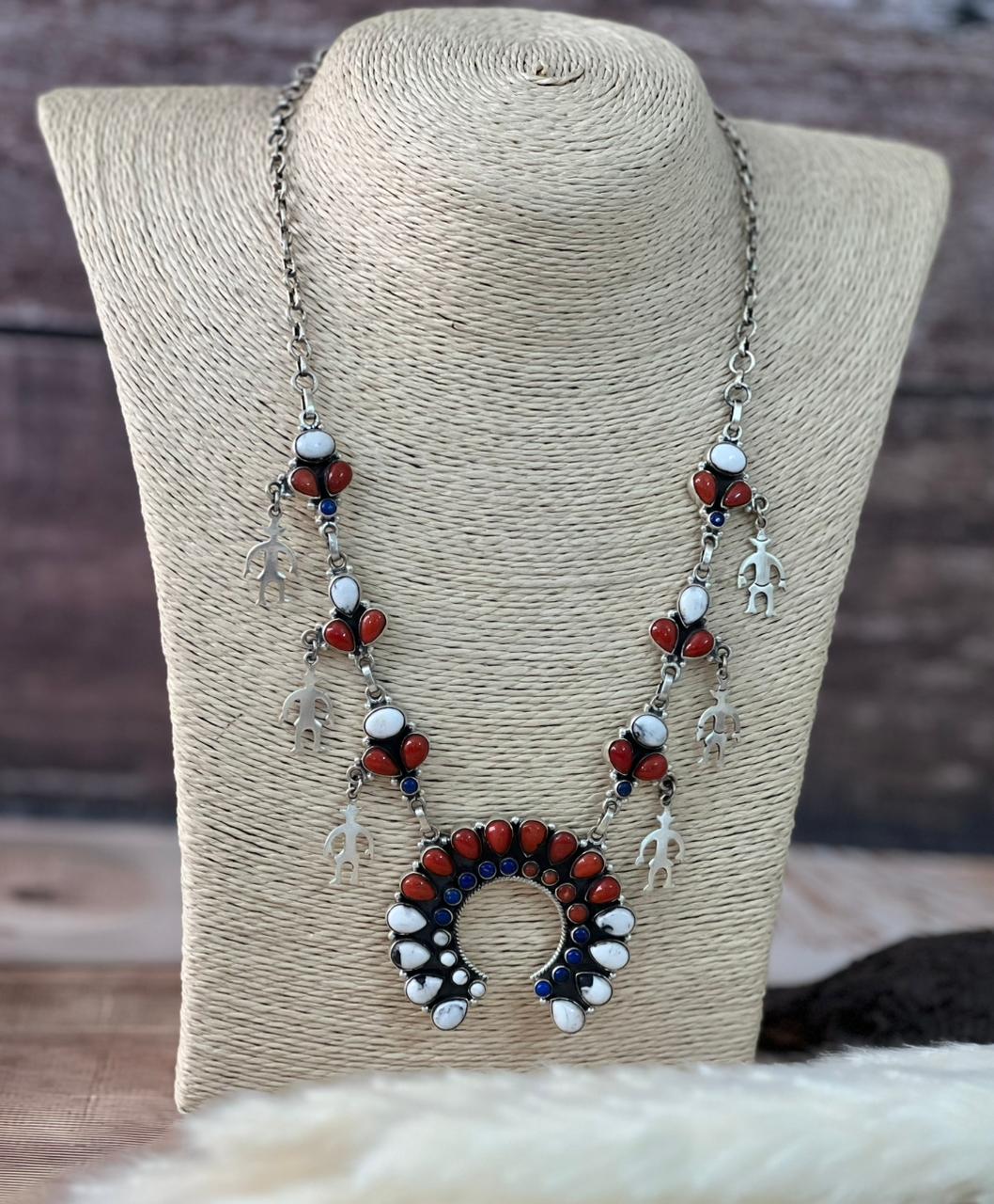 Handmade Sterling Silver 4th Of July Collection: Coral with Lapis and White Buffalo Naja Necklace "Signed Nizhoni"