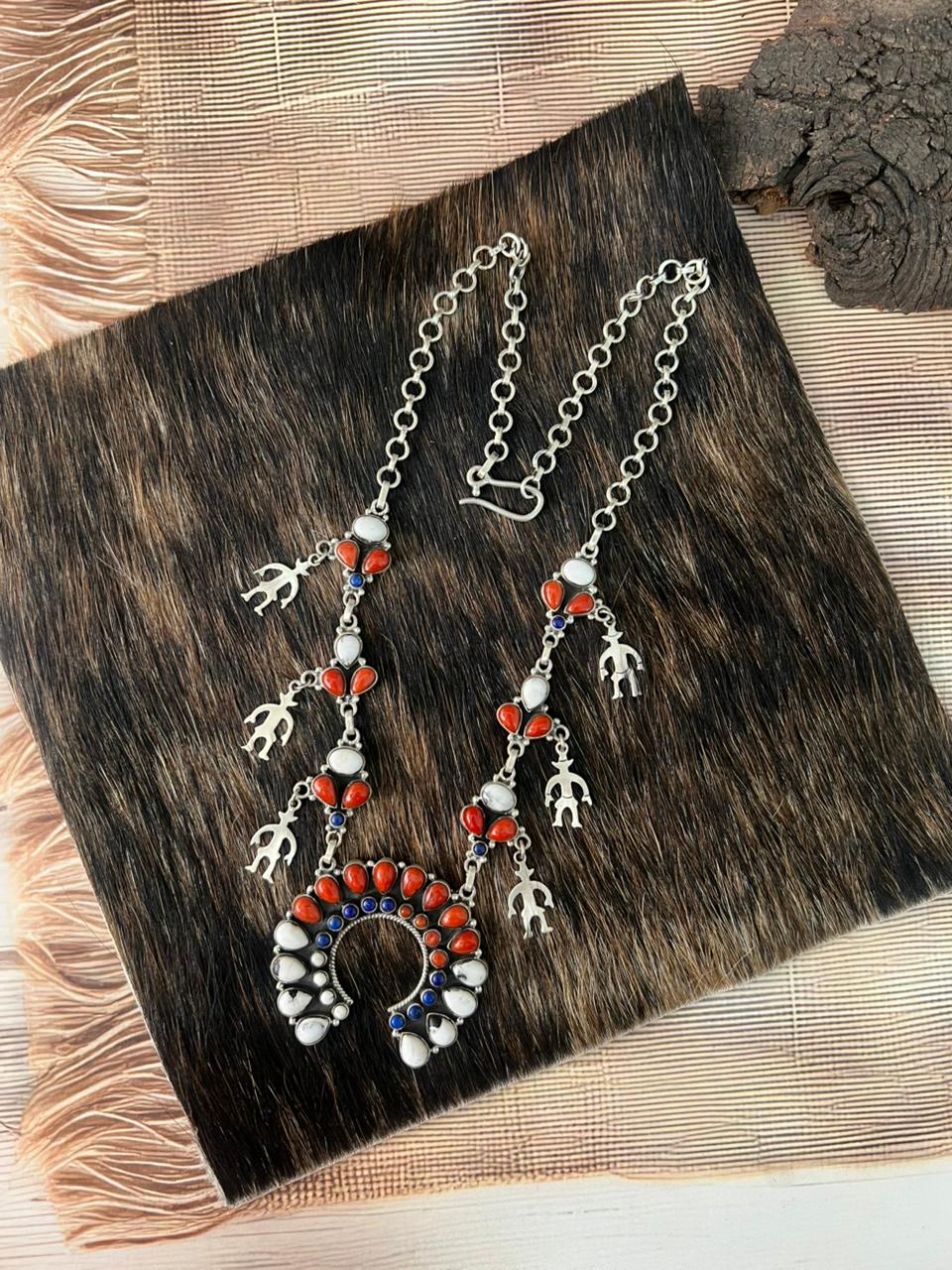 Handmade Sterling Silver 4th Of July Collection: Coral with Lapis and White Buffalo Naja Necklace "Signed Nizhoni"