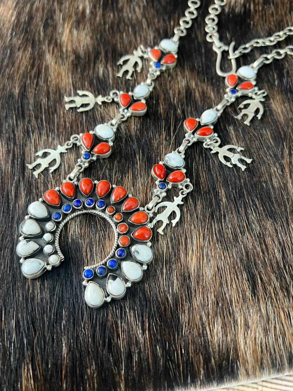 Handmade Sterling Silver 4th Of July Collection: Coral with Lapis and White Buffalo Naja Necklace "Signed Nizhoni"