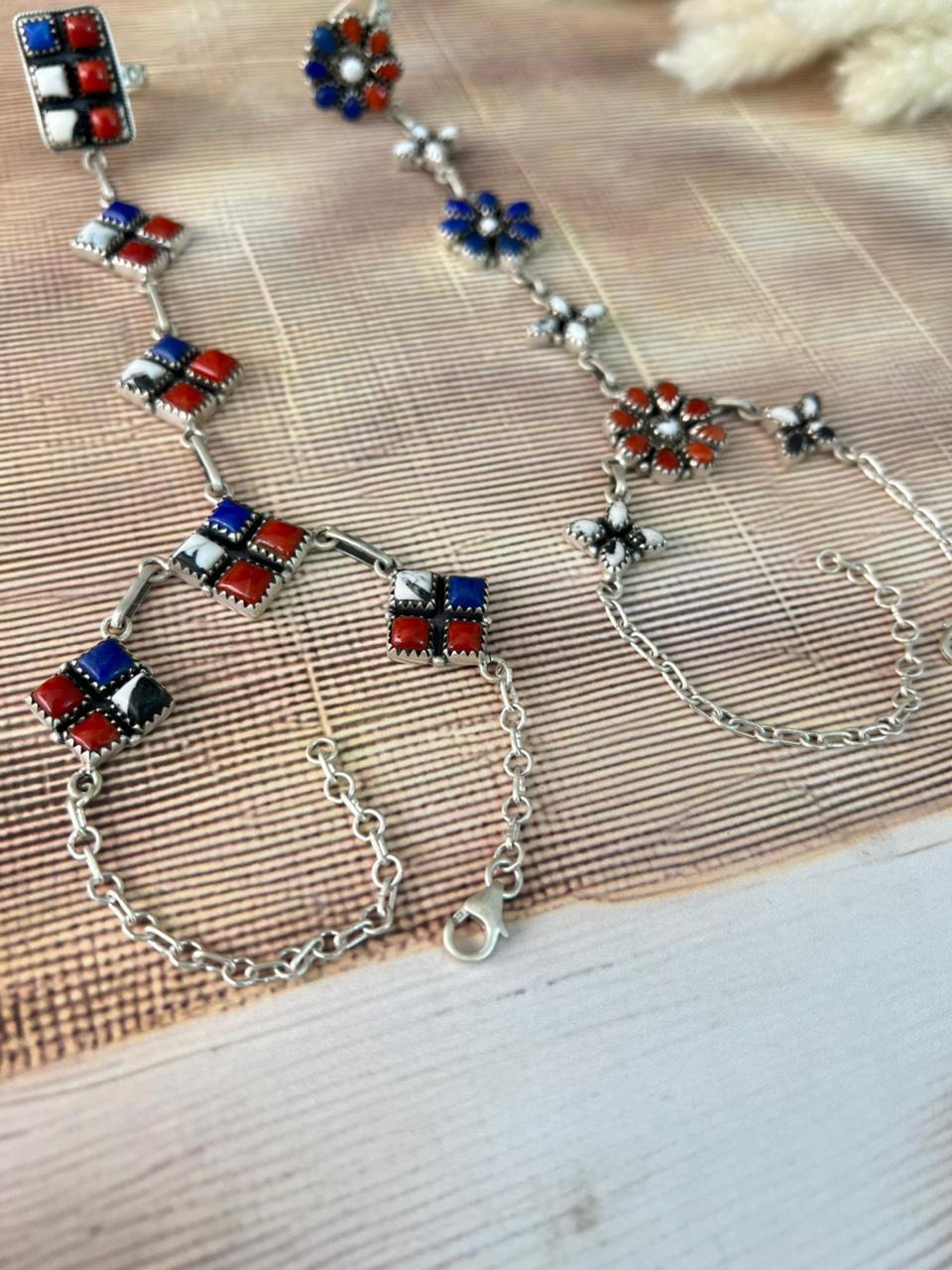 Handmade Sterling Silver 4th Of July Collection: Coral with Lapis and White Buffalo Hand Harness "Signed Nizhoni"
