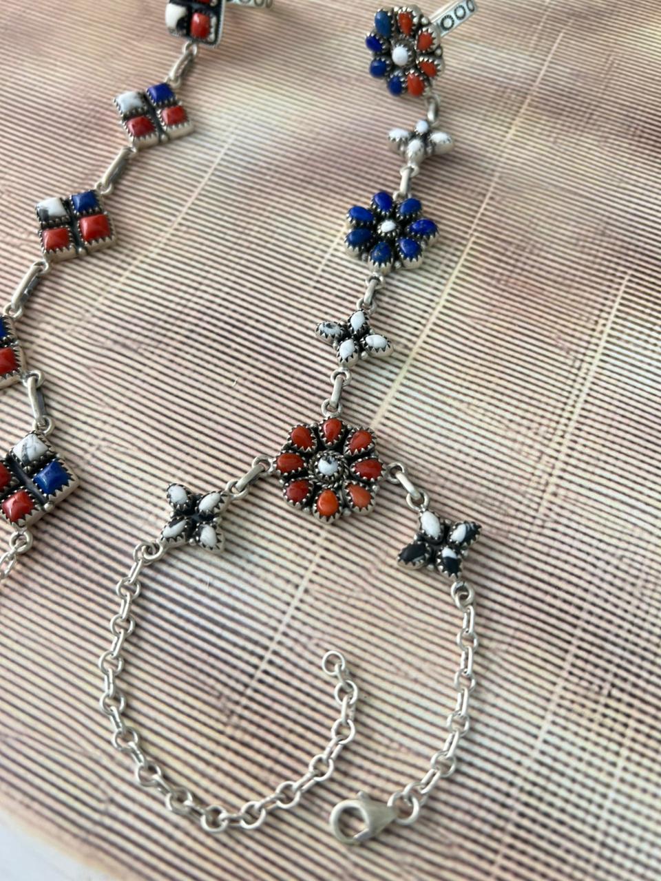 Handmade Sterling Silver 4th Of July Collection: Coral with Lapis and White Buffalo Hand Harness "Signed Nizhoni"