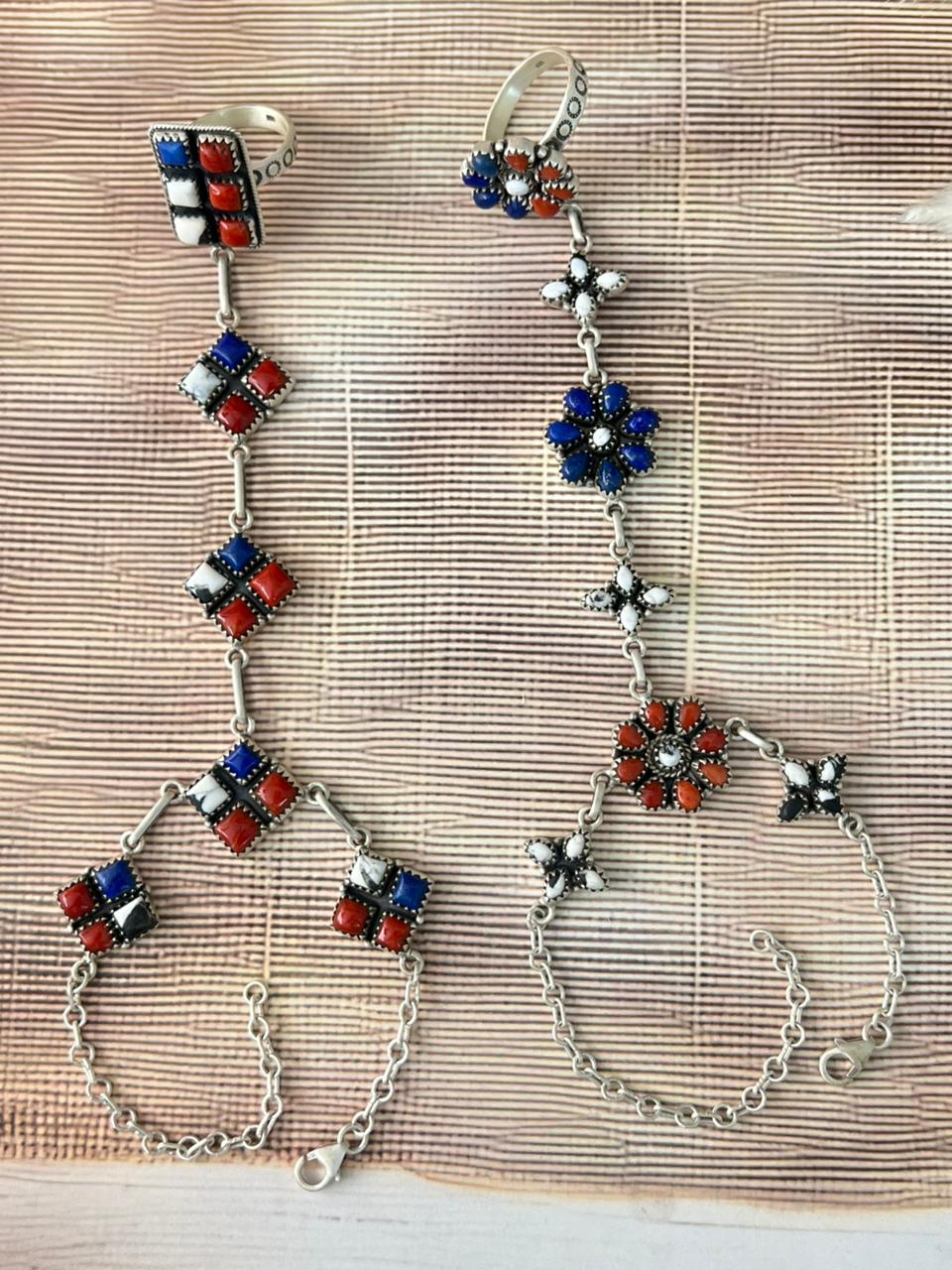 Handmade Sterling Silver 4th Of July Collection: Coral with Lapis and White Buffalo Hand Harness "Signed Nizhoni"