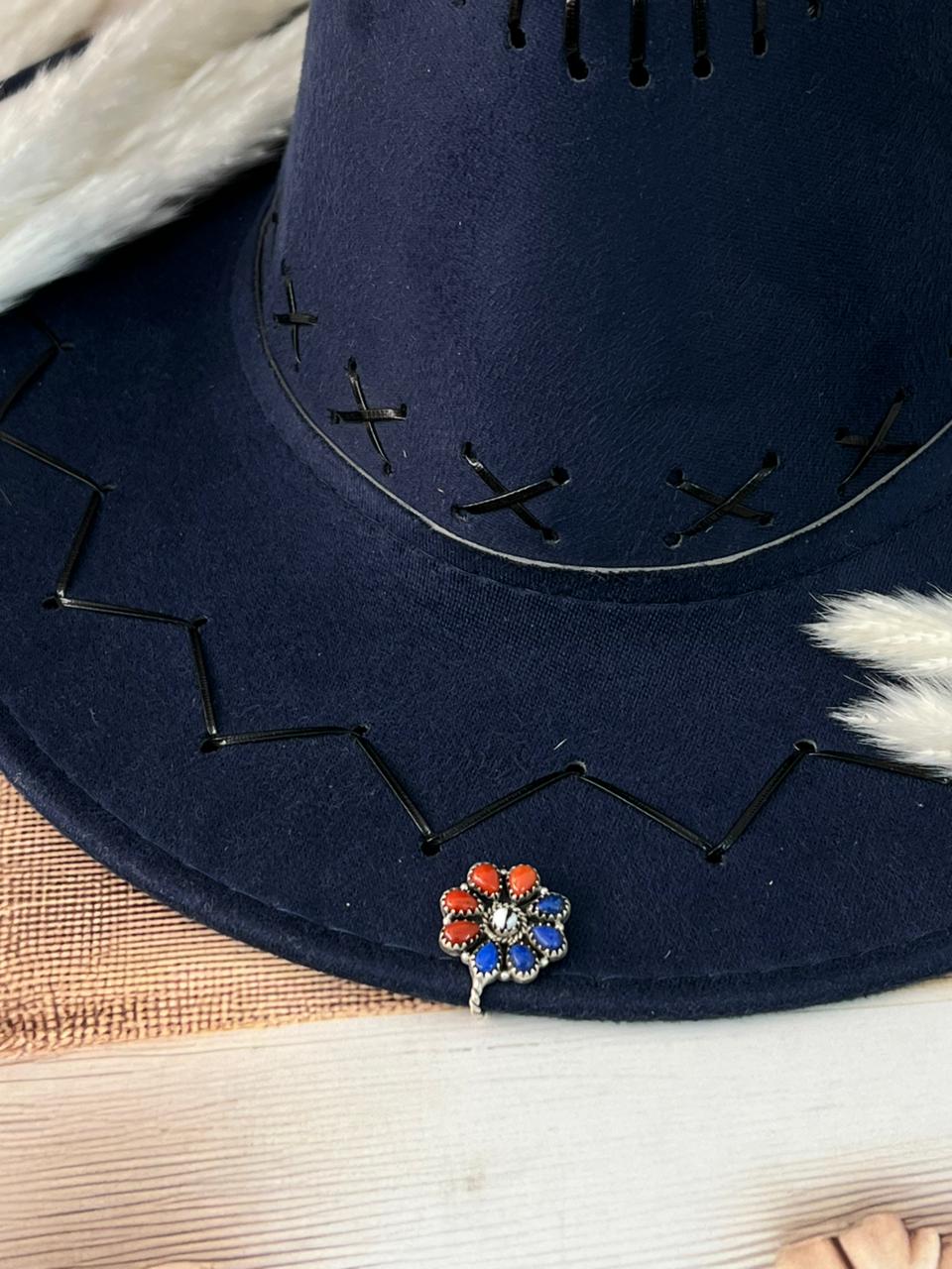 Handmade Sterling Silver 4th Of July Collection: Coral with Lapis and White Buffalo Hat Pin "Signed Nizhoni"