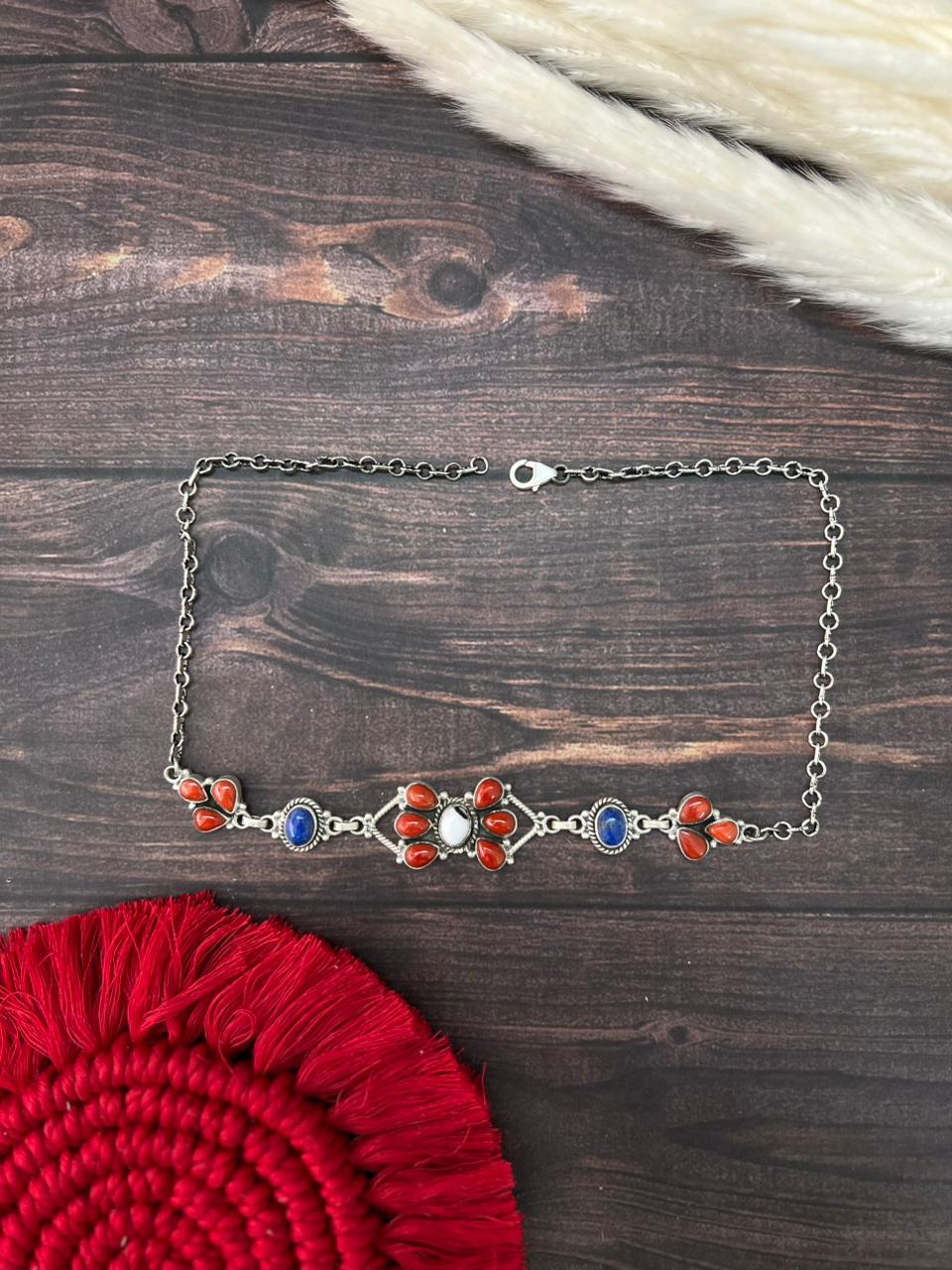 Handmade Sterling Silver 4th Of July Collection: Coral with Lapis and White Buffalo Choker Necklace "Signed Nizhoni"
