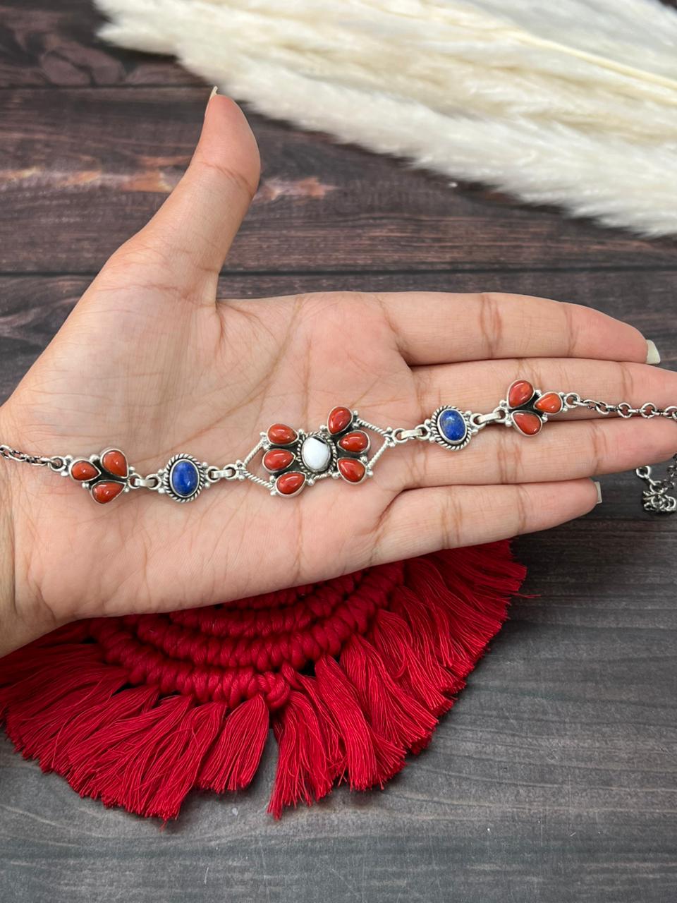 Handmade Sterling Silver 4th Of July Collection: Coral with Lapis and White Buffalo Choker Necklace "Signed Nizhoni"