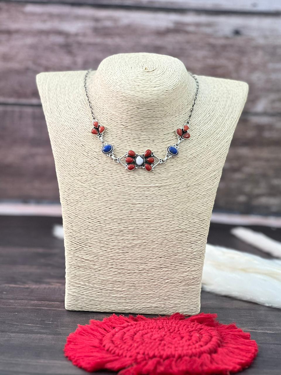 Handmade Sterling Silver 4th Of July Collection: Coral with Lapis and White Buffalo Choker Necklace "Signed Nizhoni"