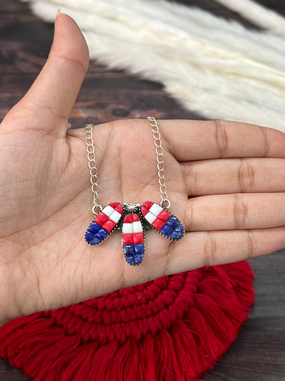 Handmade Sterling Silver 4th Of July Collection: Rosarita with Lapis and White Buffalo Necklace "Signed Nizhoni"