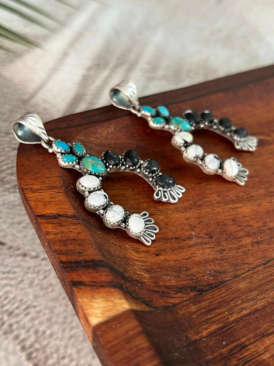 Handmade Sterling Silver Kingman Turquoise with White Buffalo Naja Pendant "Signed Nizhoni"