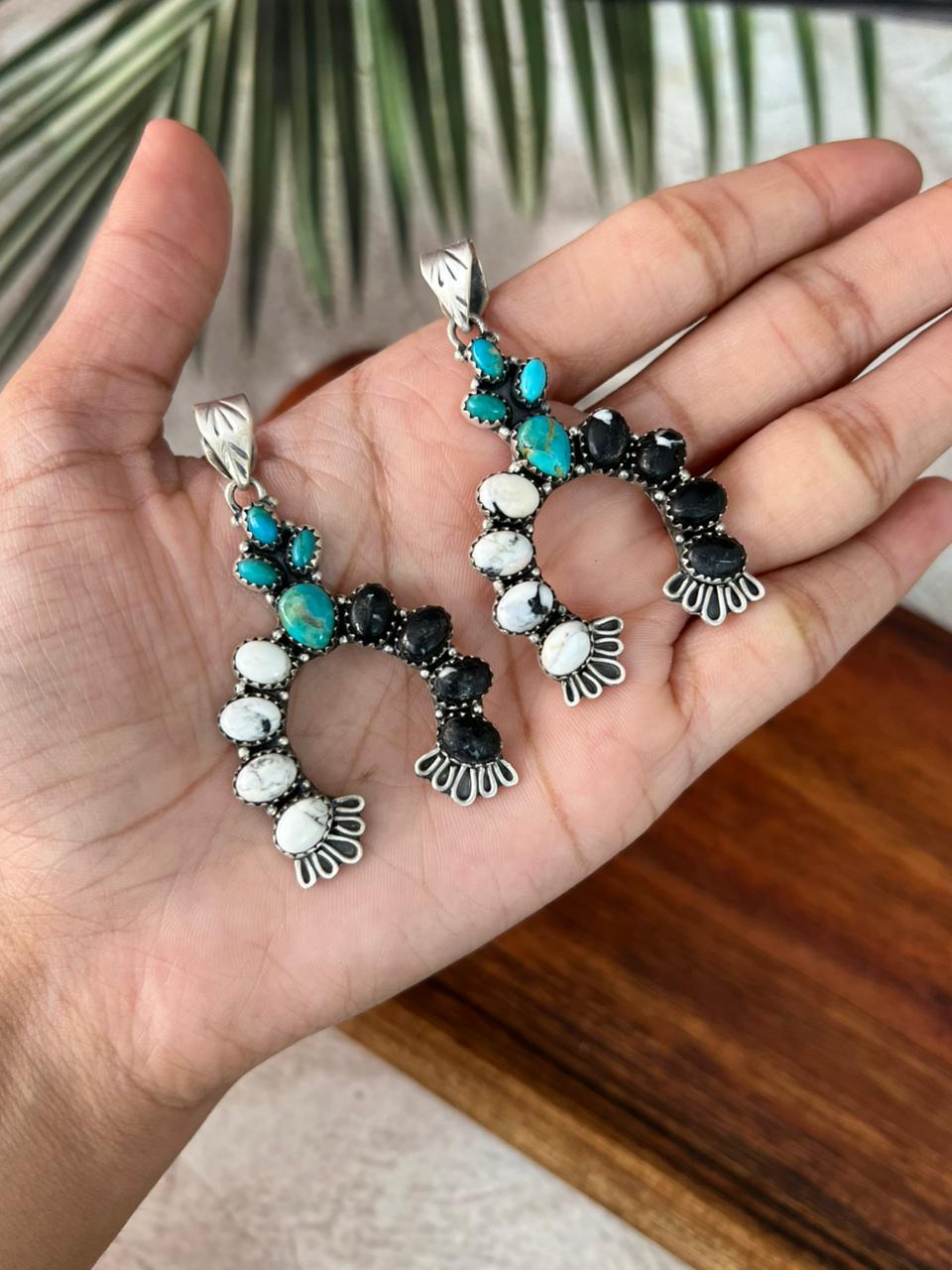 Handmade Sterling Silver Kingman Turquoise with White Buffalo Naja Pendant "Signed Nizhoni"