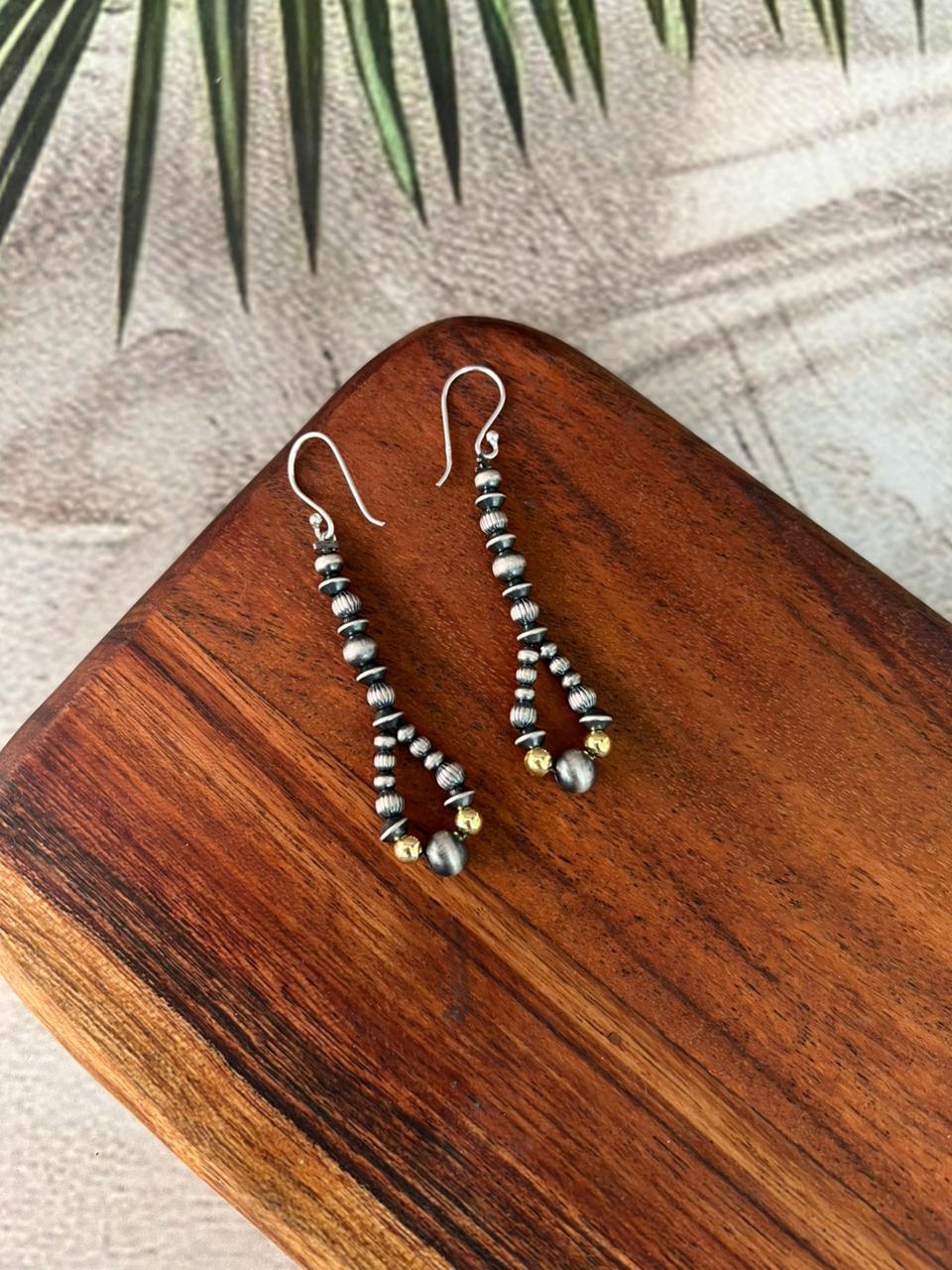 Handmade Sterling Silver Hook Dangle Gold Shiny Beaded Earrings