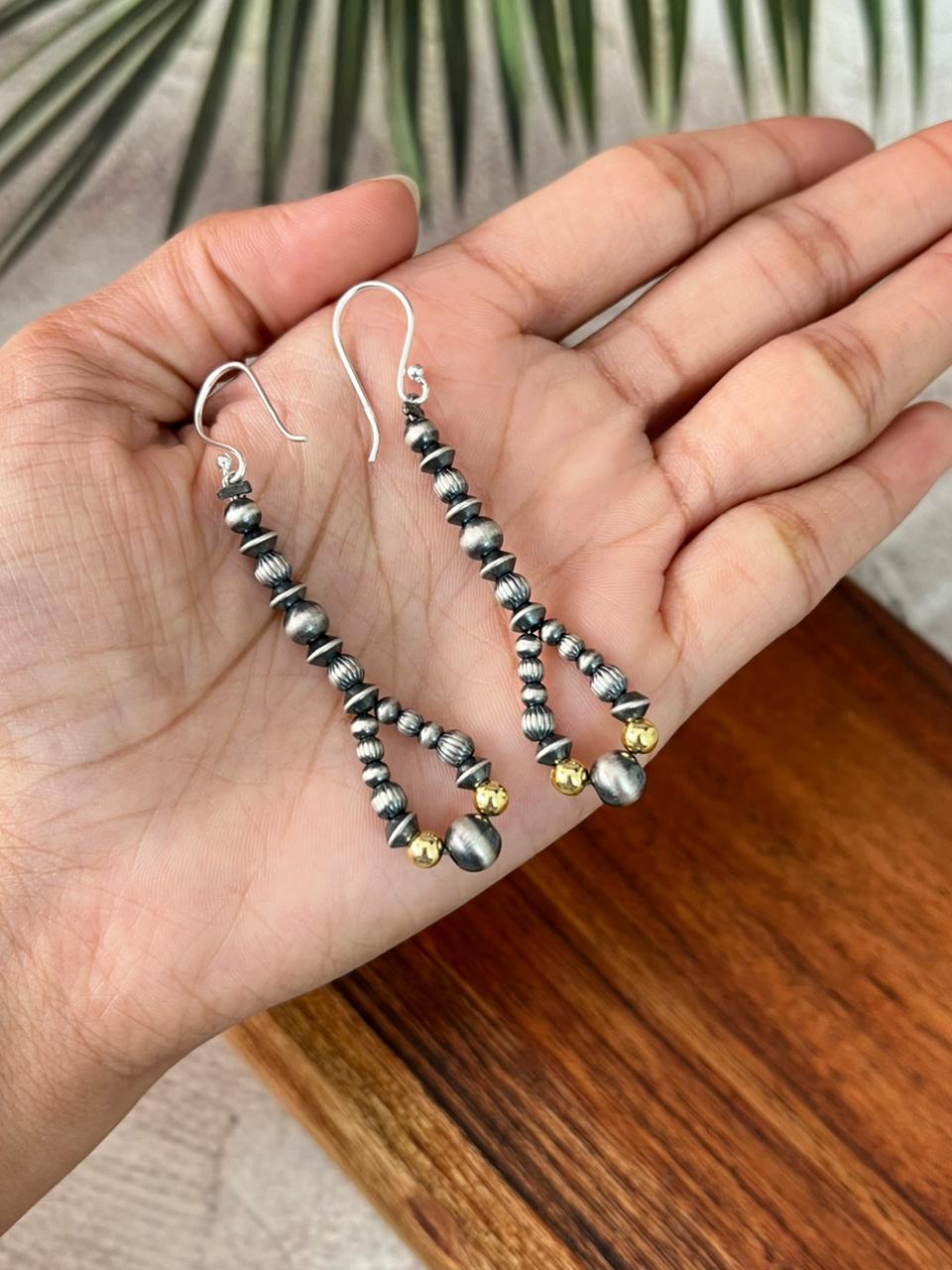 Handmade Sterling Silver Hook Dangle Gold Shiny Beaded Earrings