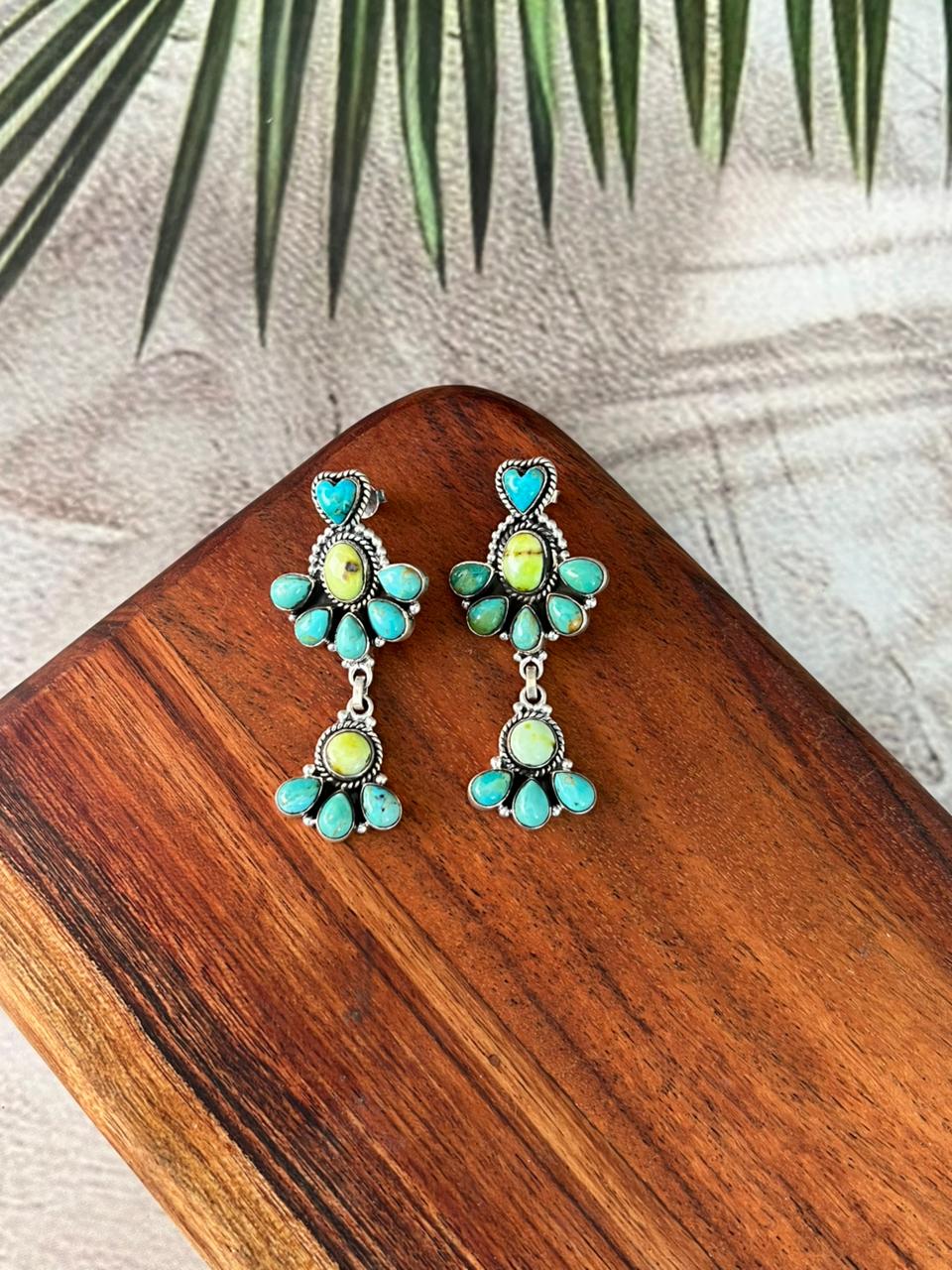 Handmade Sterling Silver Palomino with Kingman Turquoise Post Dangle Heart Earrings "Signed Nizhoni"