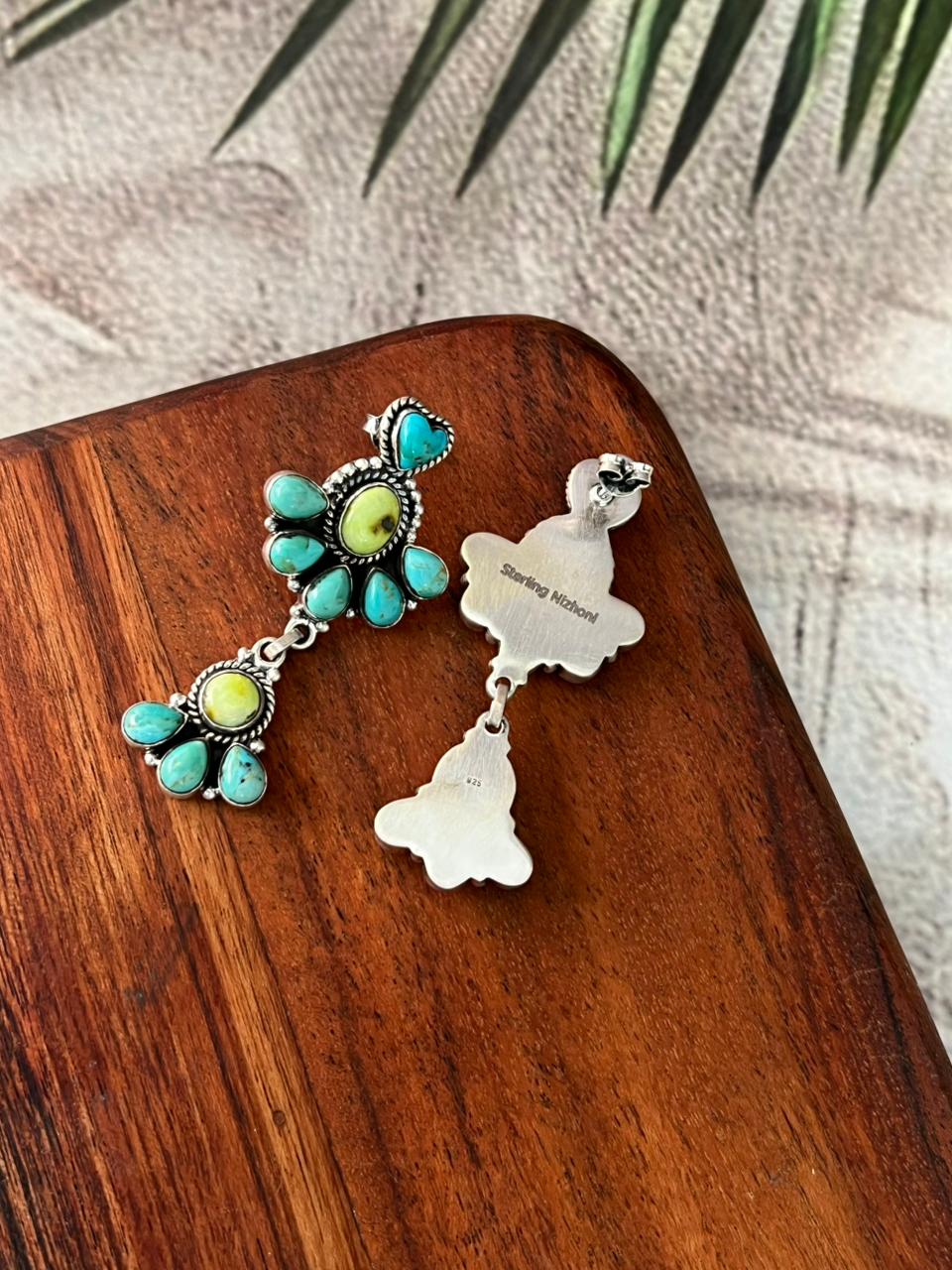 Handmade Sterling Silver Palomino with Kingman Turquoise Post Dangle Heart Earrings "Signed Nizhoni"