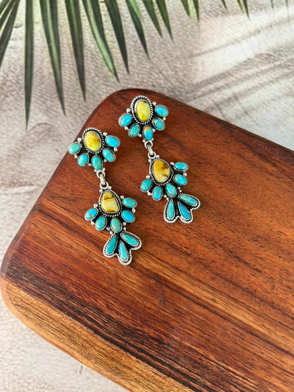 Handmade Sterling Silver Palomino with Kingman Turquoise Post Dangle Earrings "Signed Nizhoni"