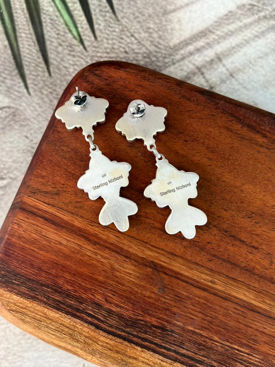 Handmade Sterling Silver Palomino with Kingman Turquoise Post Dangle Earrings "Signed Nizhoni"