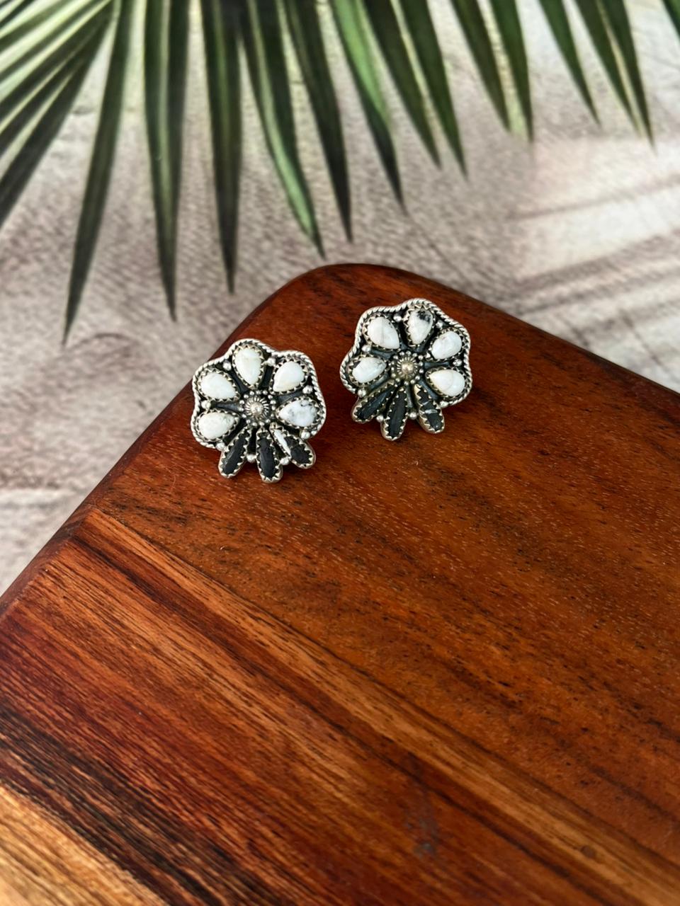 Handmade Sterling Silver White Buffalo Post Studs Earrings "Signed Nizhoni"
