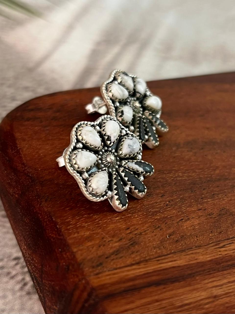 Handmade Sterling Silver White Buffalo Post Studs Earrings "Signed Nizhoni"