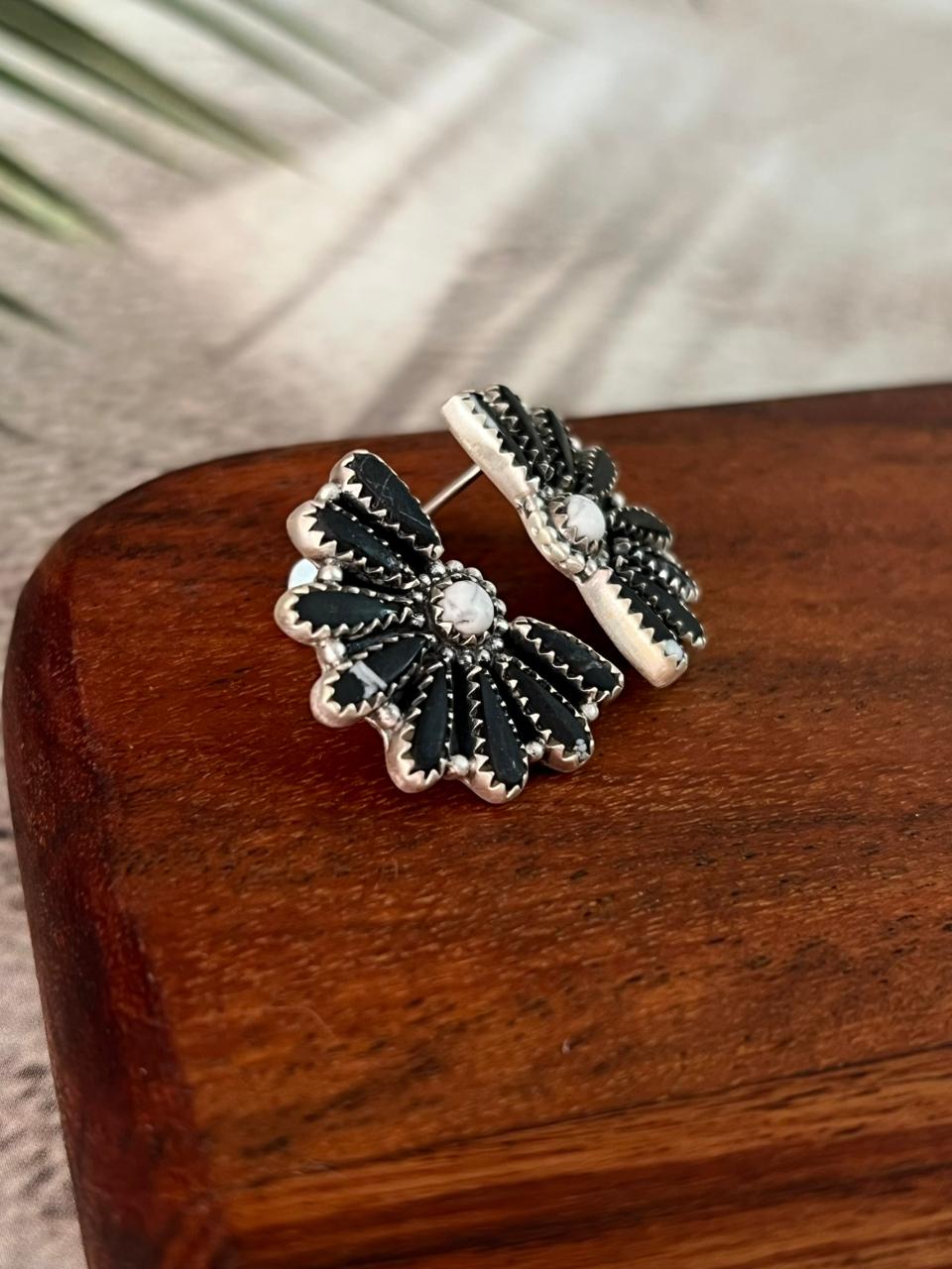 Handmade Sterling Silver White Buffalo Post Studs Earrings "Signed Nizhoni"