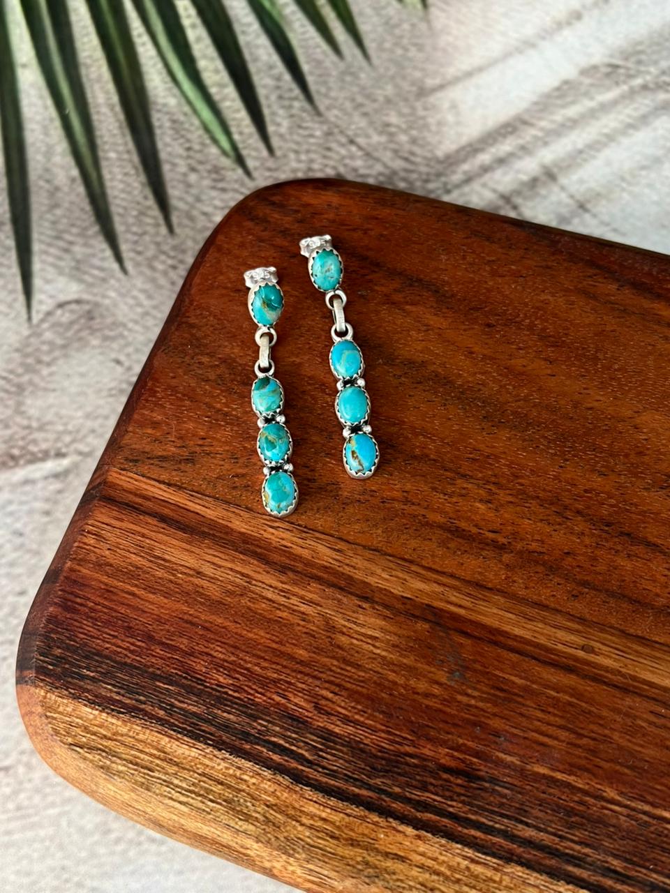 Handmade Sterling Silver Kingman Turquoise Post Dangle Earrings "Signed Nizhoni"
