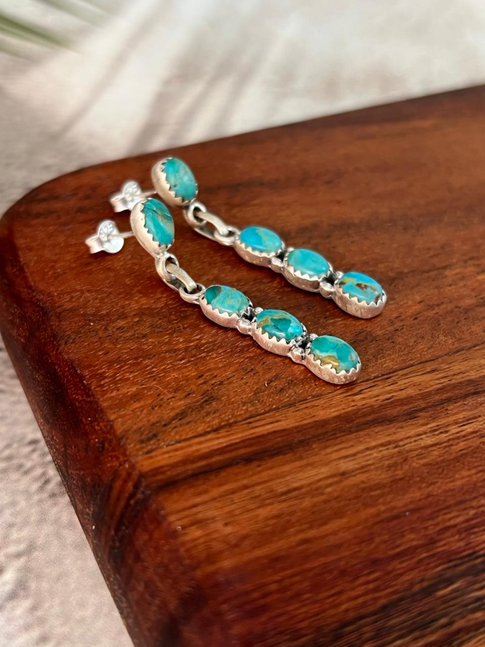 Handmade Sterling Silver Kingman Turquoise Post Dangle Earrings "Signed Nizhoni"