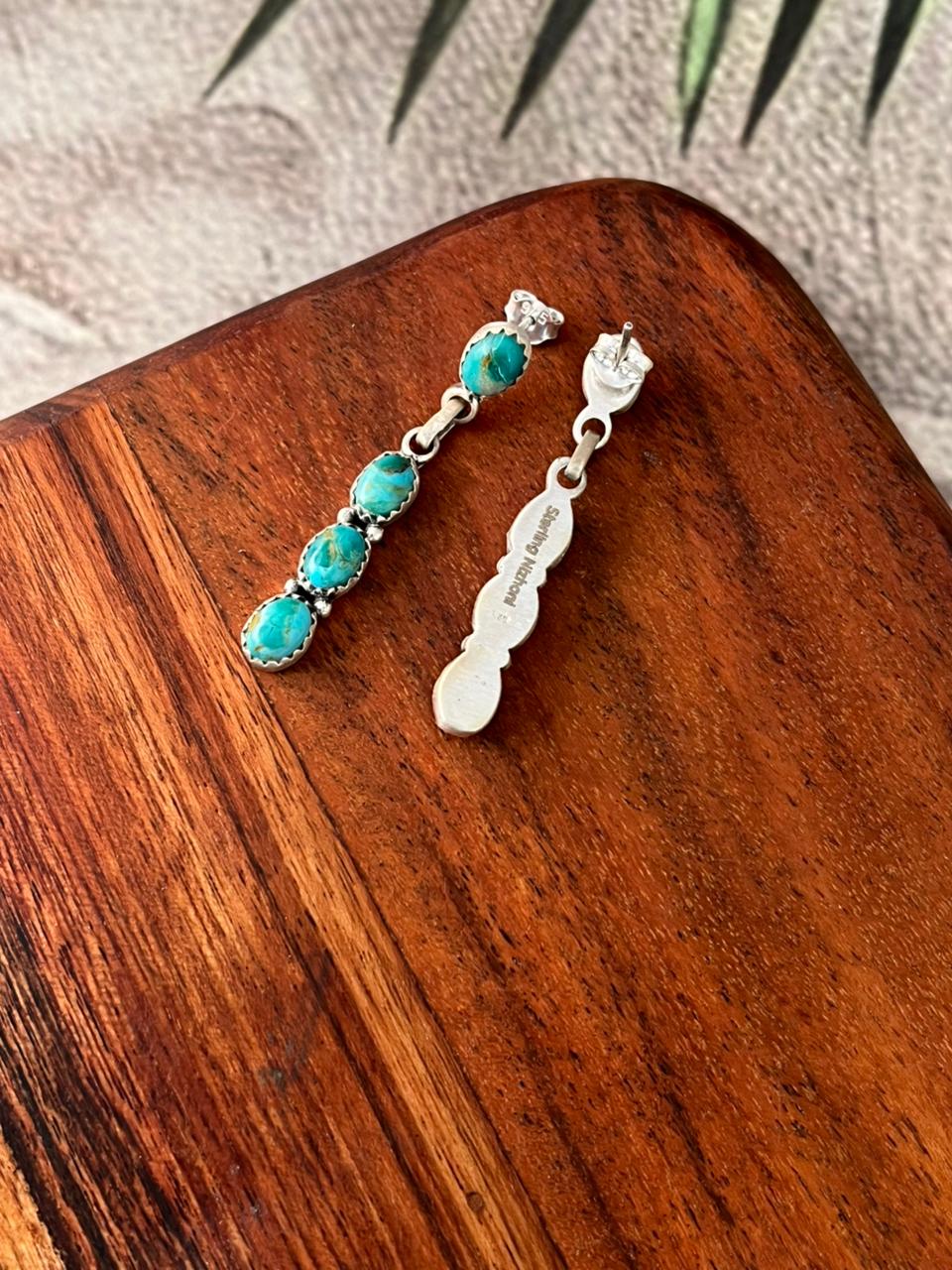Handmade Sterling Silver Kingman Turquoise Post Dangle Earrings "Signed Nizhoni"