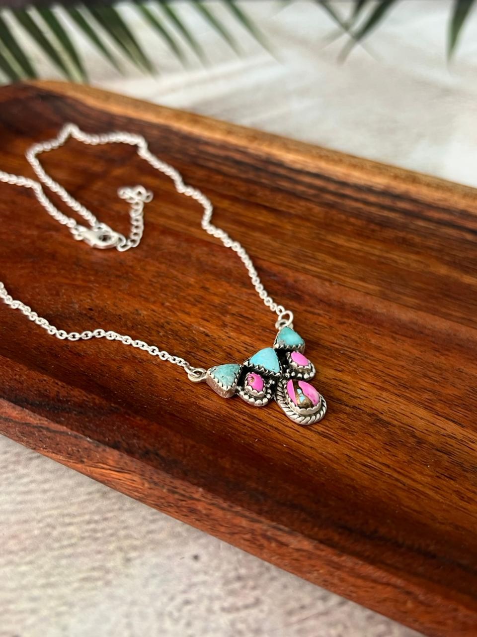 Handmade Sterling Silver Cotton Candy with White Water Turquoise Necklace "Signed Nizhoni"