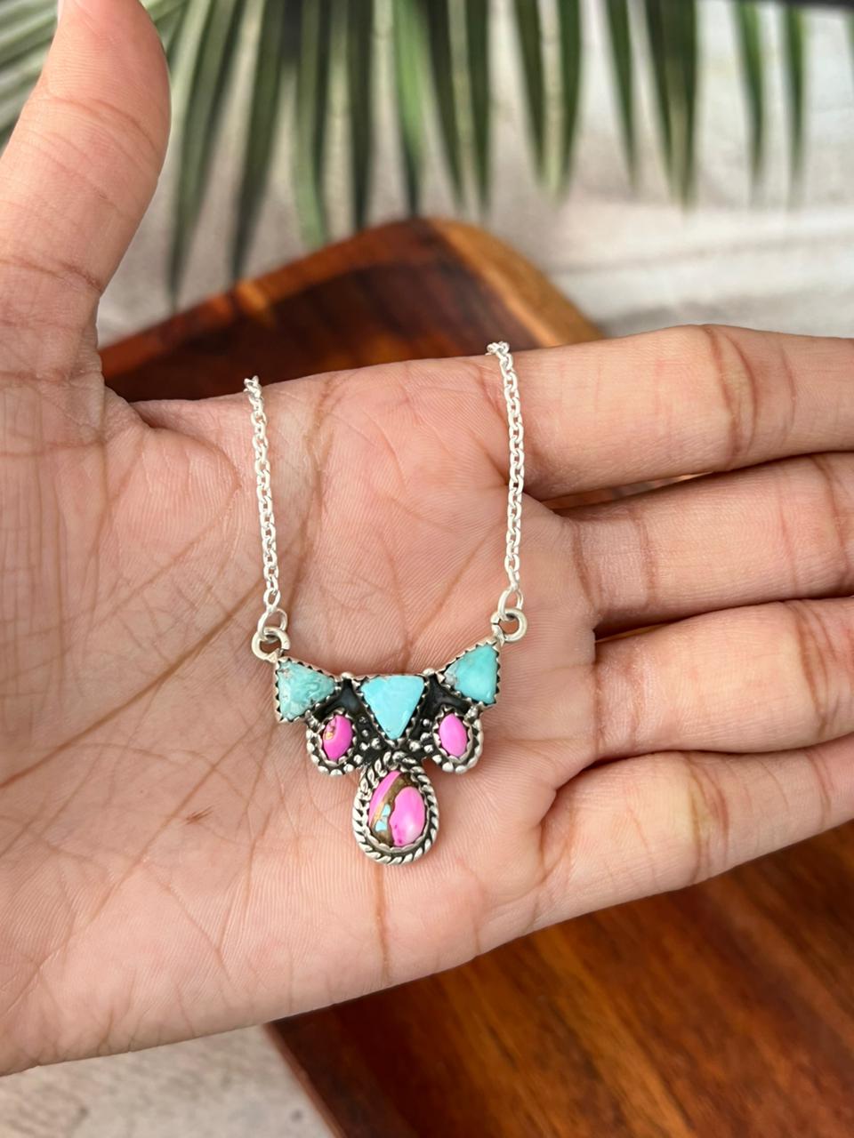 Handmade Sterling Silver Cotton Candy with White Water Turquoise Necklace "Signed Nizhoni"