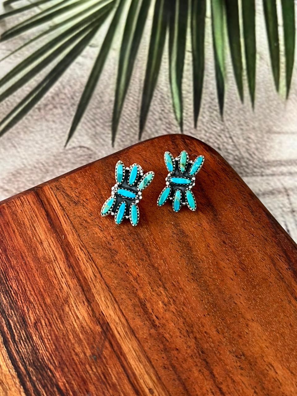 Handmade Sterling Silver Kingman Turquoise Post Studs Earrings "Signed Nizhoni"