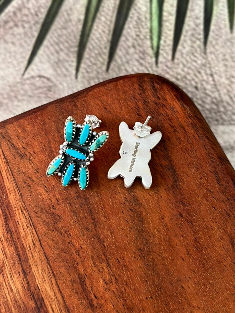 Handmade Sterling Silver Kingman Turquoise Post Studs Earrings "Signed Nizhoni"