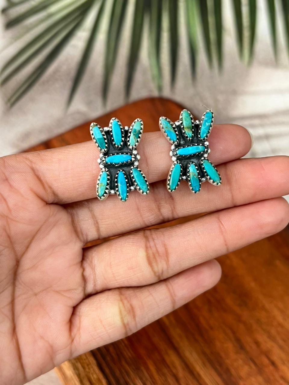 Handmade Sterling Silver Kingman Turquoise Post Studs Earrings "Signed Nizhoni"