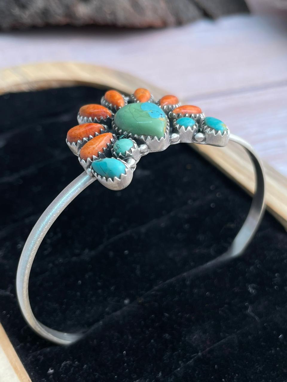 Handmade Sterling Silver Kingman Turquoise with Orange Mojave Cuff Bracelet "Signed Nizhoni"