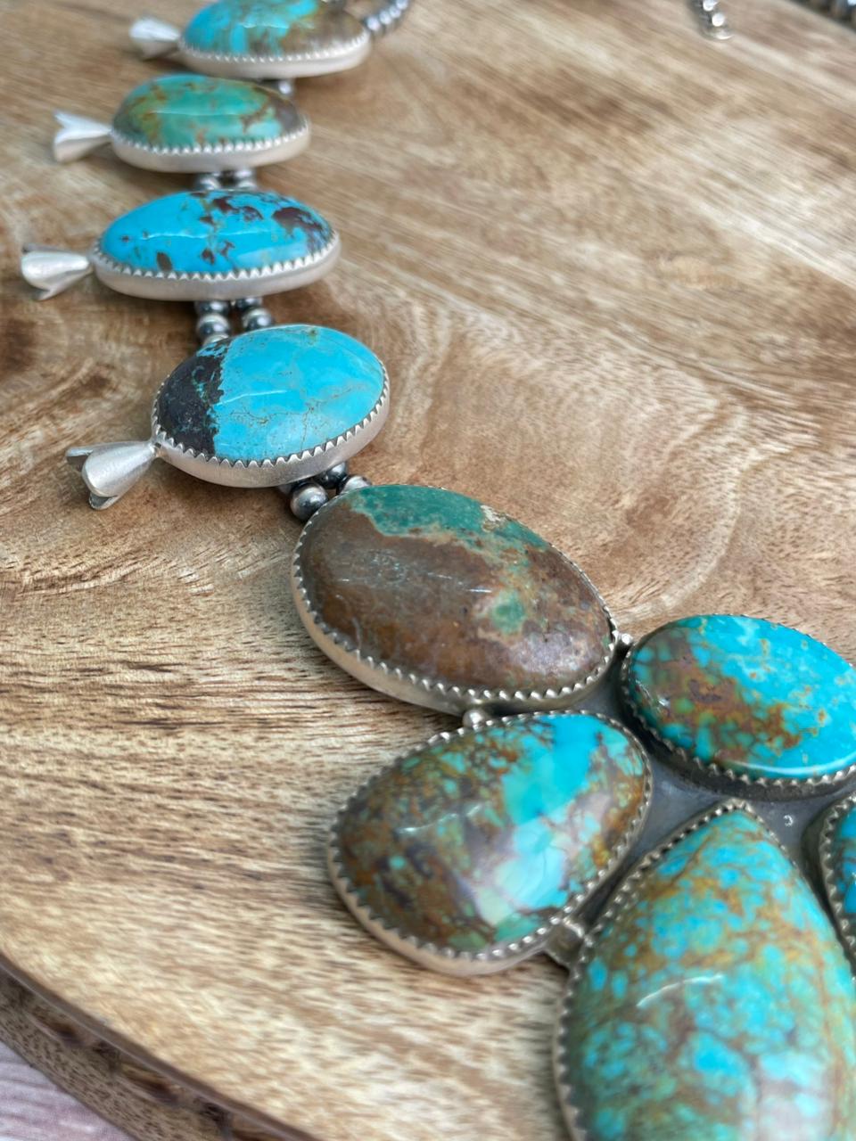 Handmade Sterling Silver Royston Turquoise Collection: Squash Blossom Beaded Necklace "Signed Nizhoni"