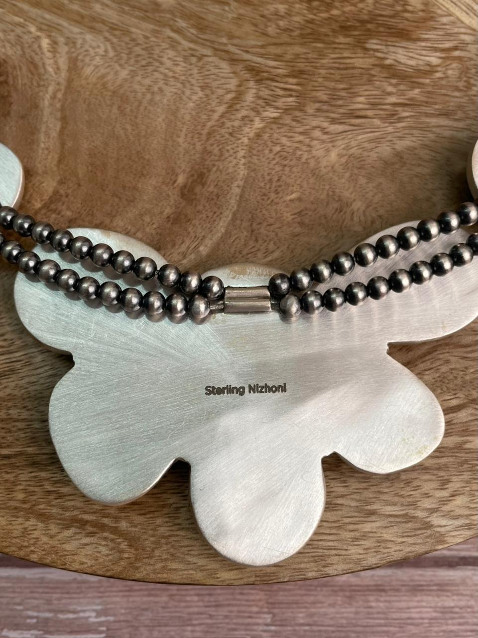 Handmade Sterling Silver Royston Turquoise Collection: Squash Blossom Beaded Necklace "Signed Nizhoni"