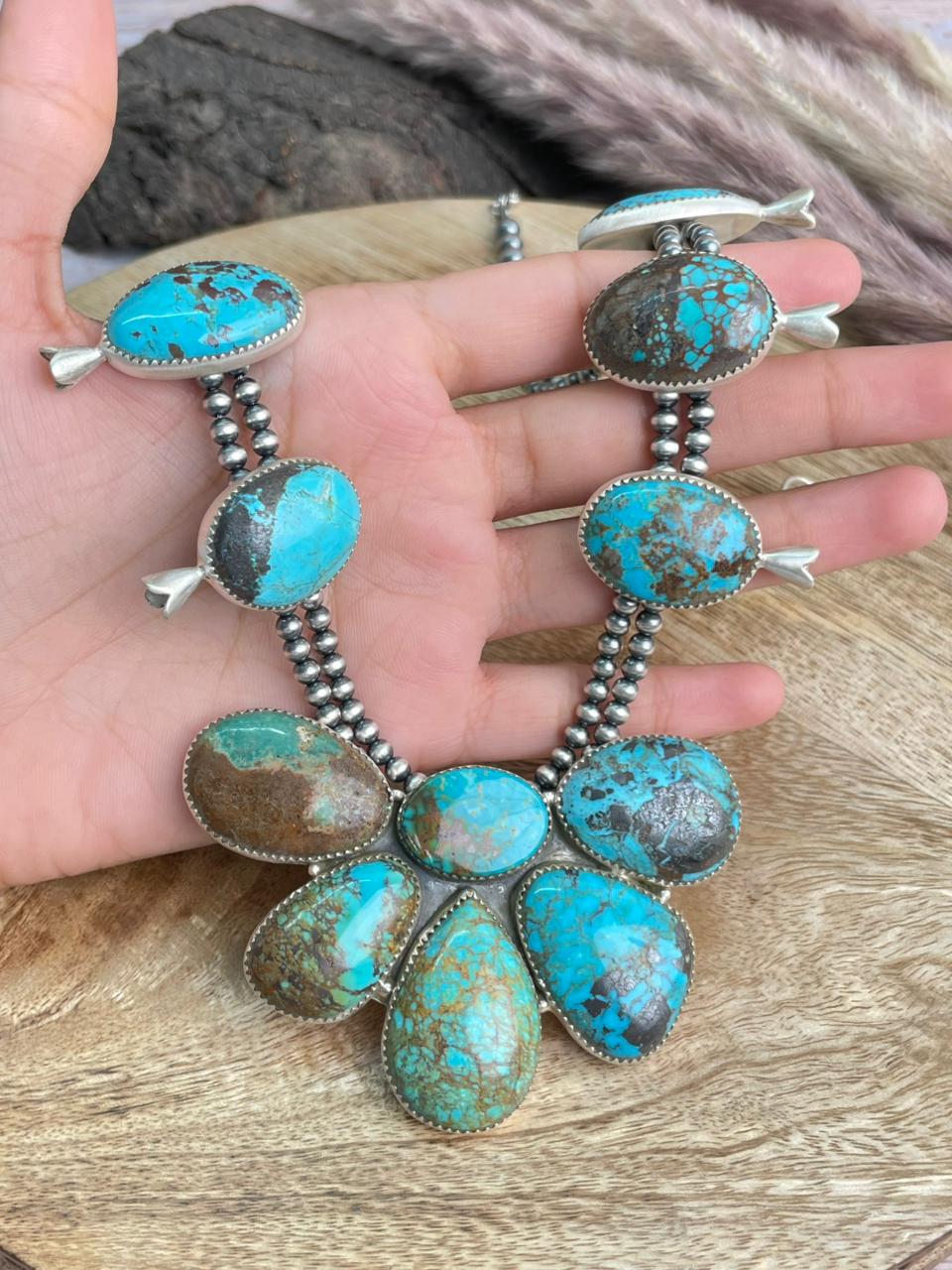 Handmade Sterling Silver Royston Turquoise Collection: Squash Blossom Beaded Necklace "Signed Nizhoni"