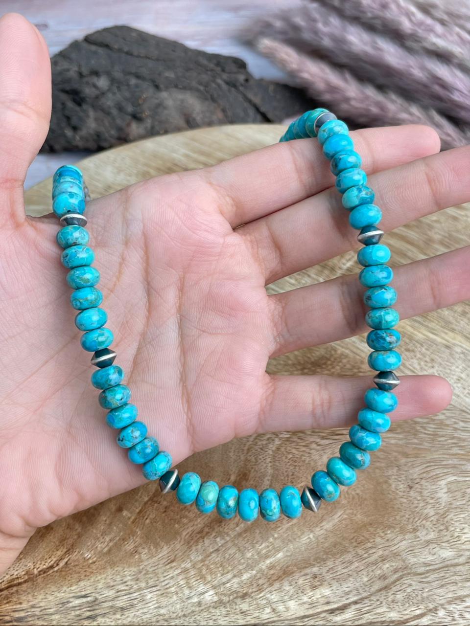 Handmade Sterling Silver Kingman Turquoise Beaded Necklace "Signed Nizhoni"