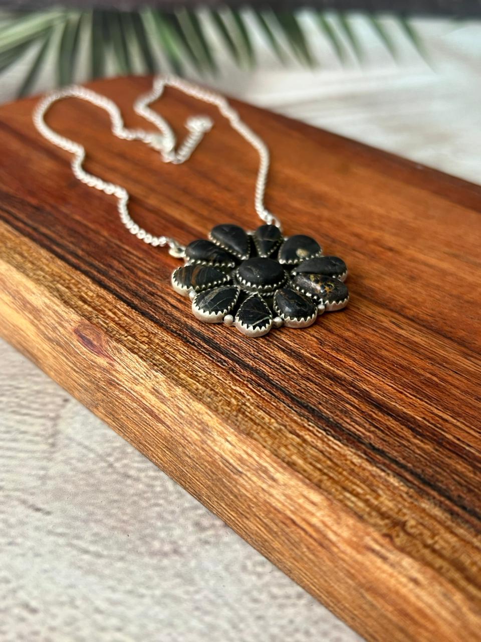 Handmade Sterling Silver Blackjack Turquoise Necklace "Signed Nizhoni"