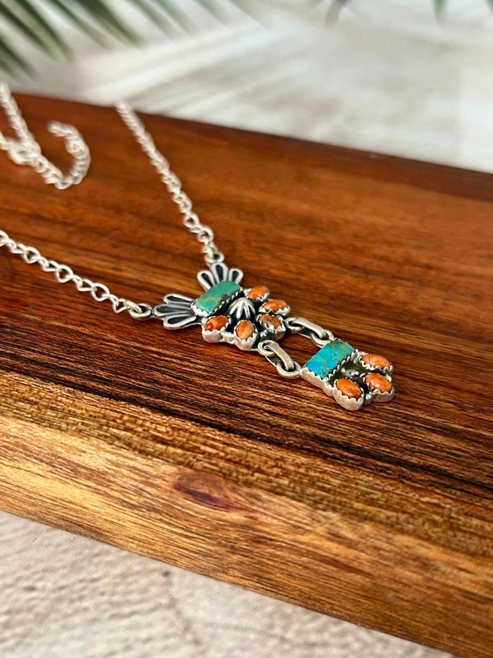 Handmade Sterling Silver Kingman Turquoise with Orange Mojave Necklace "Signed Nizhoni"