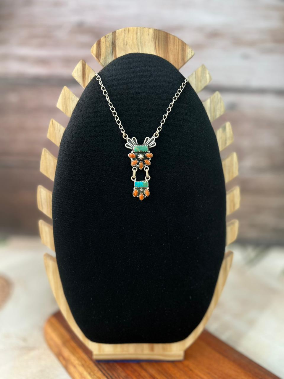 Handmade Sterling Silver Kingman Turquoise with Orange Mojave Necklace "Signed Nizhoni"