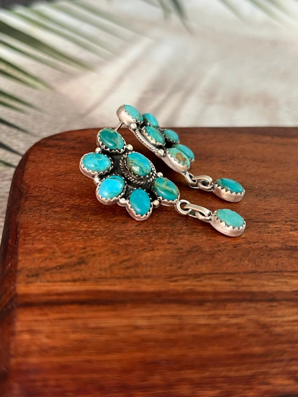 Handmade Sterling Silver Kingman Turquoise Post Dangle Earrings "Signed Nizhoni"