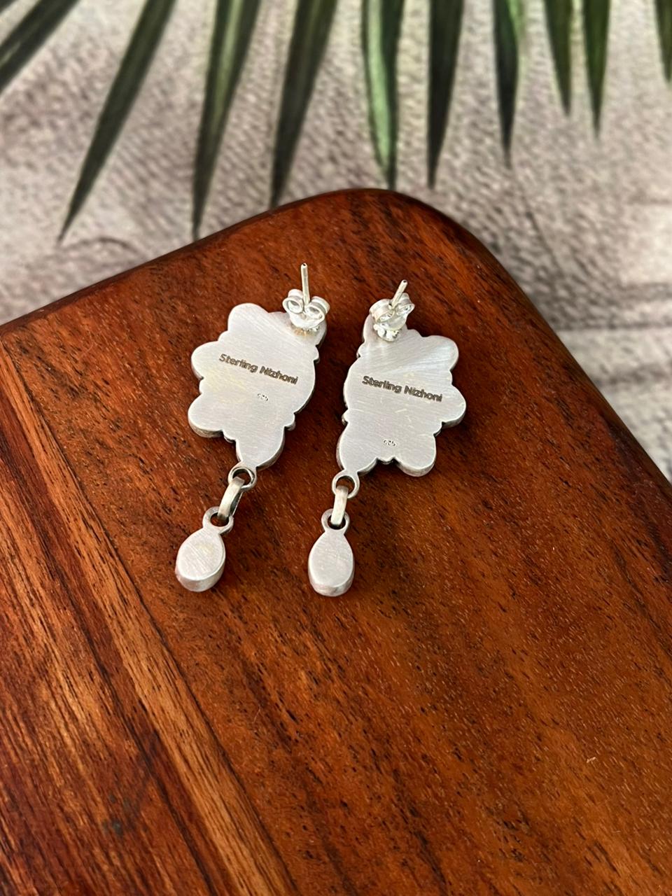 Handmade Sterling Silver Kingman Turquoise Post Dangle Earrings "Signed Nizhoni"