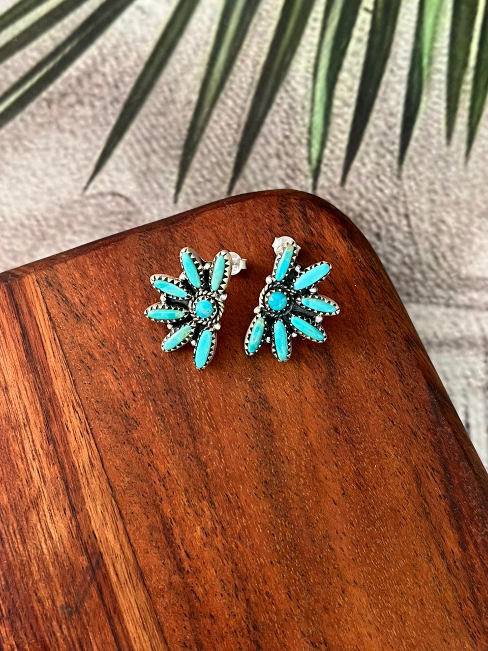 Handmade Sterling Silver Kingman Turquoise Post Studs Earrings "Signed Nizhoni"