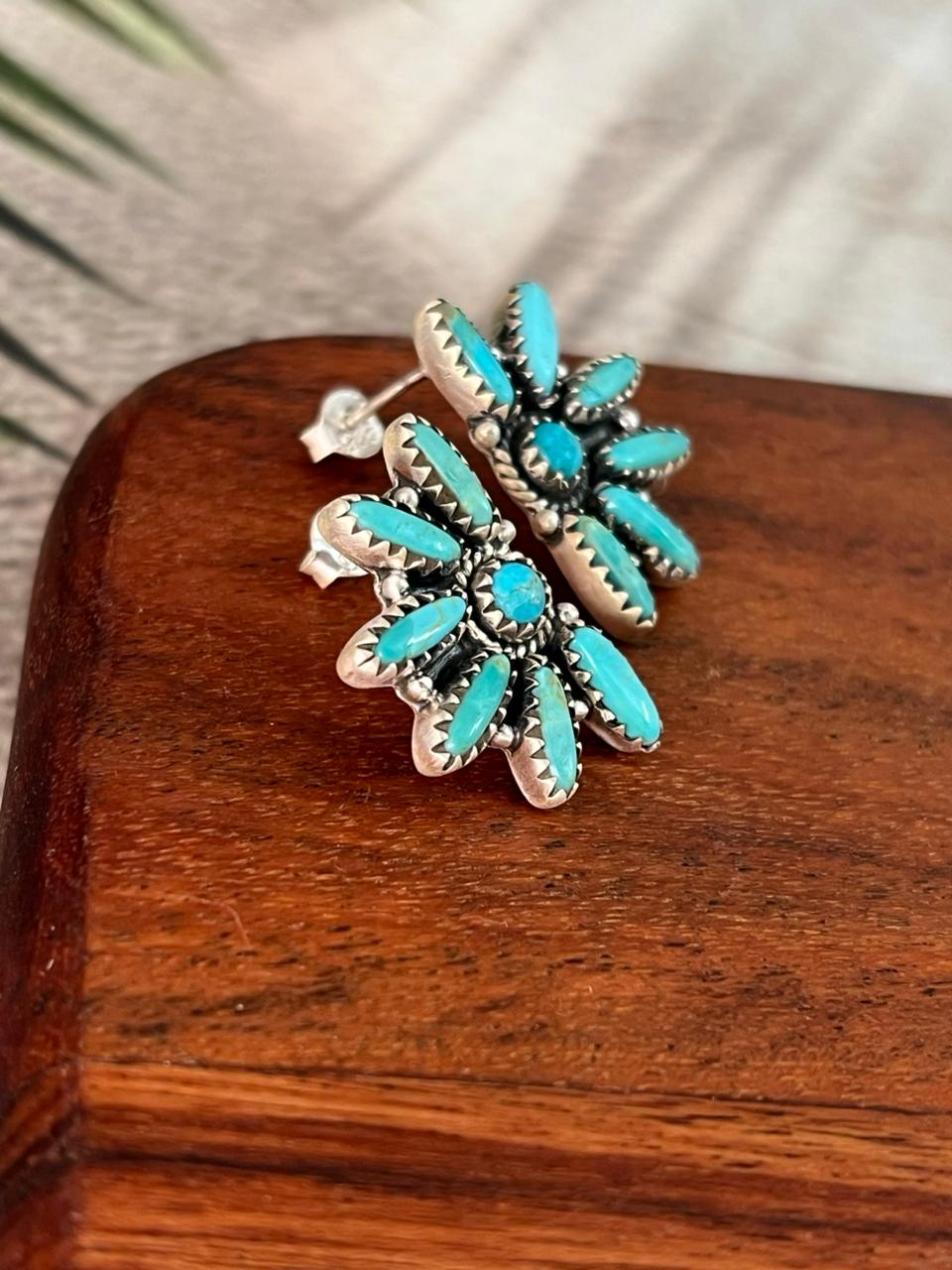Handmade Sterling Silver Kingman Turquoise Post Studs Earrings "Signed Nizhoni"